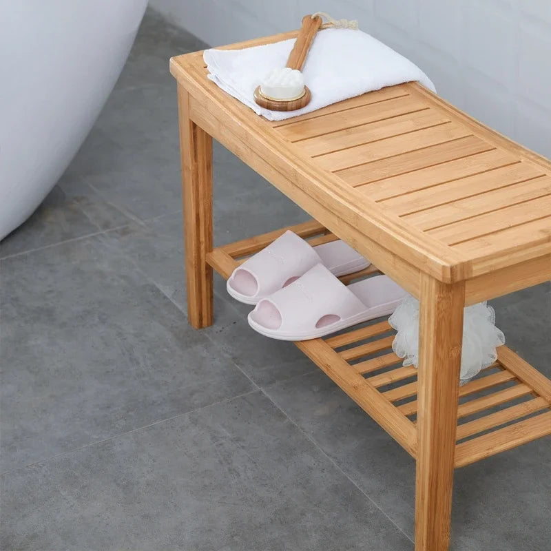 Bamboo Anti-Slip Shower Bench with Storage Shelf