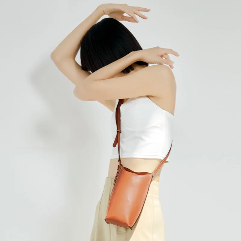 100% Genuine Cowhide Leather Mini Baguette Crossbody Bag – Phone Shoulder Bag for Women