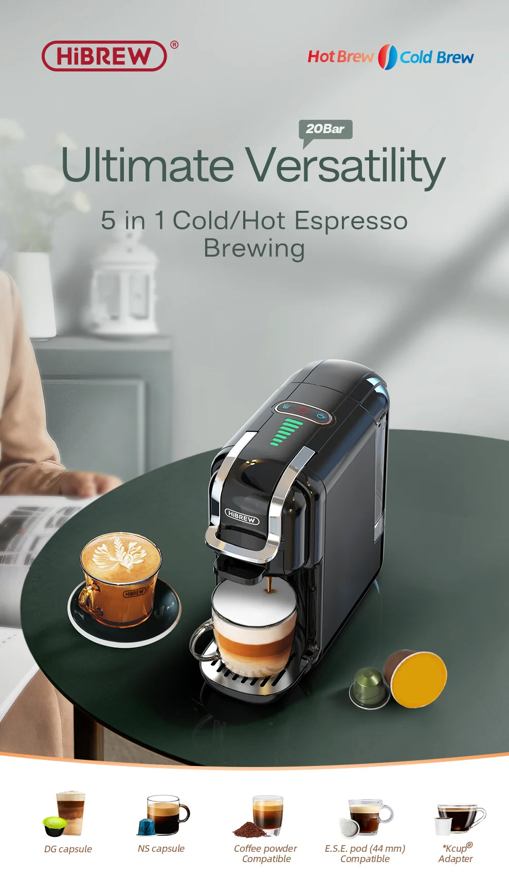 One Machine. Every Coffee. — HiBREW 5-in-1 Capsule Coffee Maker | 20 Bar, Hot & Cold, Nespresso, Dolce Gusto, K-Cup & Ground