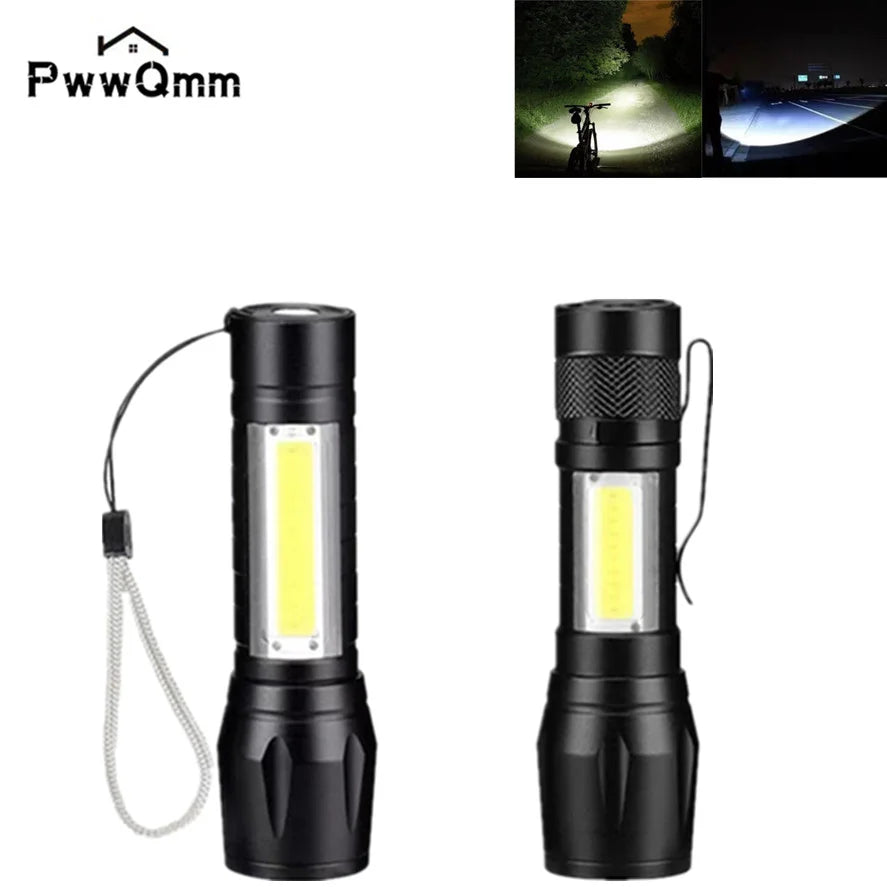 PwwQmm Mini XPE+COB Flashlight – 500 Lumen, Zoomable, 3-Mode, USB Rechargeable, Waterproof Camping Light