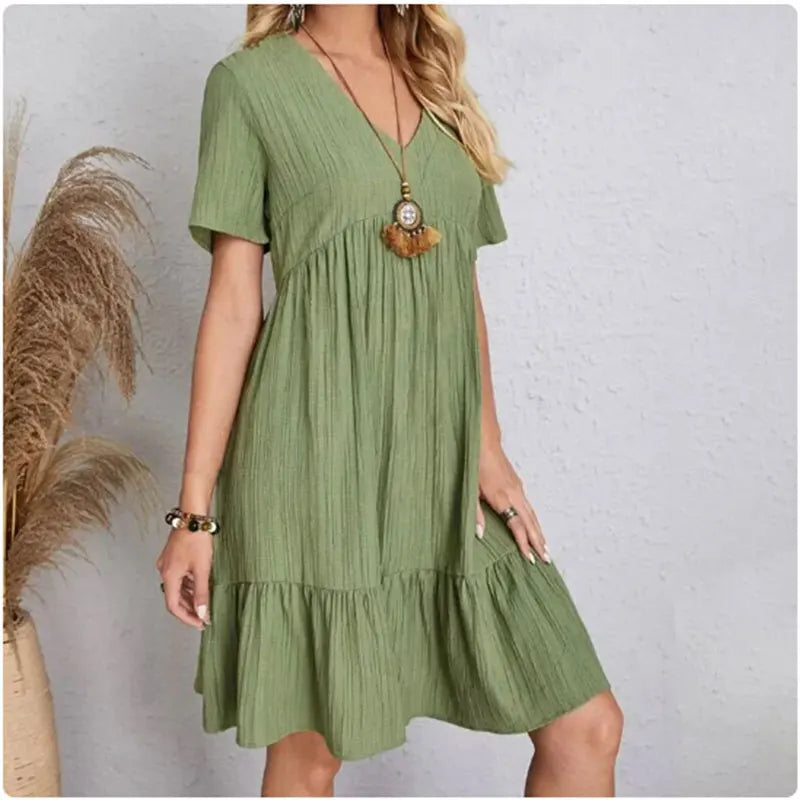 V-Neck Peplum Ruffle Dress — Short Sleeve Fit & Flare Summer Dress