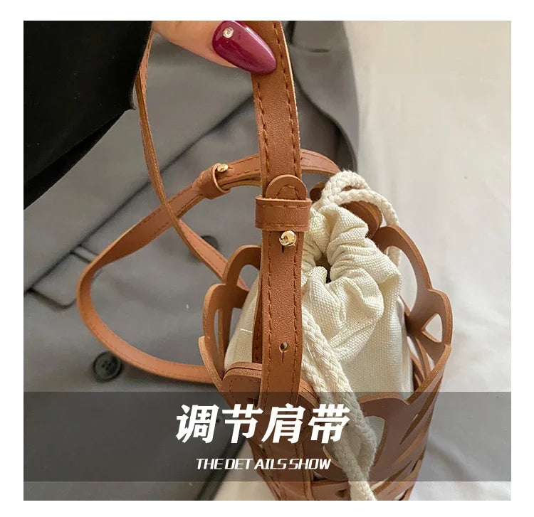 Brilliant Fish Hollow Out Drawstring Mini Bucket Crossbody Bag – Adjustable Strap Shoulder Bag for Women