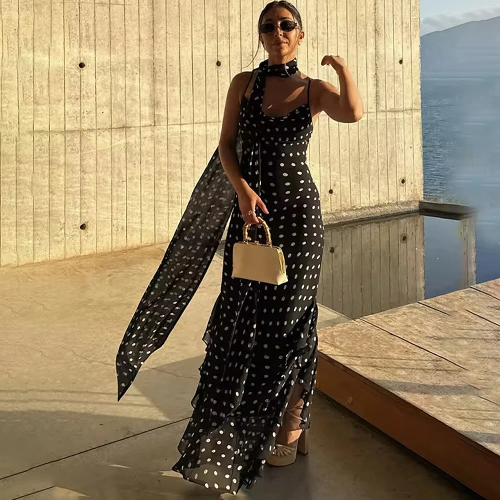 Elegant Polka Dot Halter Pleated Maxi Dress – Ruffle Sleeveless Evening & Party Dress