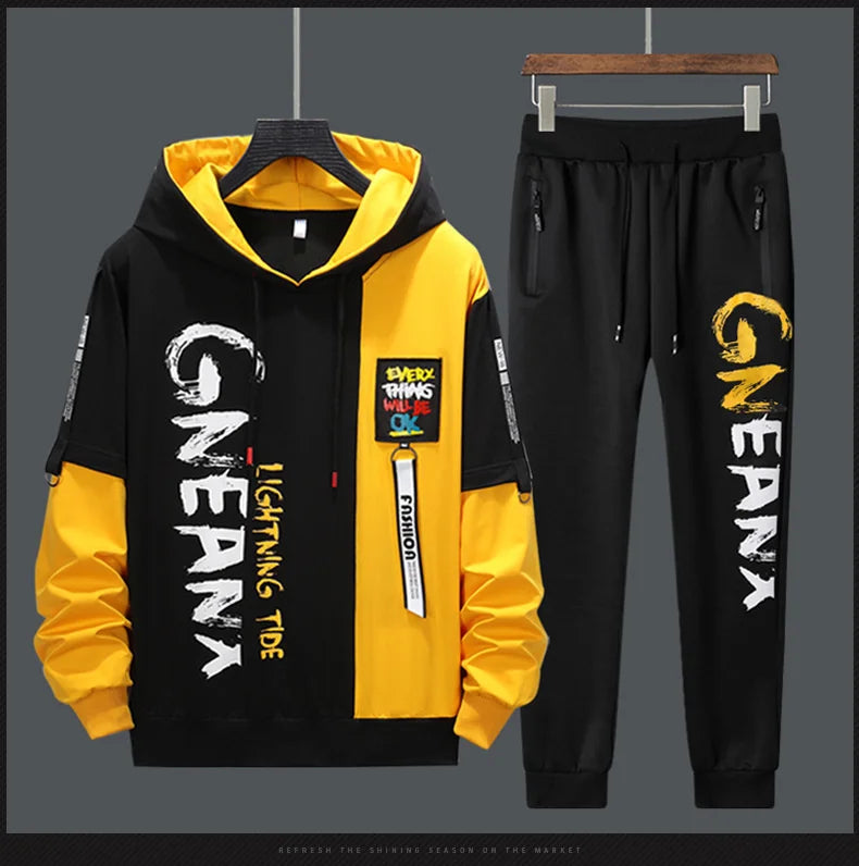 Men's Patchwork Hoodie & Sweatpants 2-Piece Tracksuit – Hip Hop Streetwear Set
