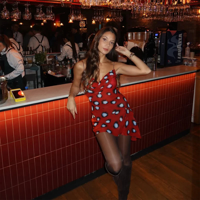 Women's V-Neck Lace-Up Polka Dot Mesh Dress – Flared Sleeve Slim Fit Casual Daily Dress