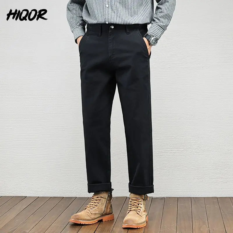Men's Vintage Straight Leg Cotton Workwear Trousers — Loose Fit Retro Pants for Autumn & Winter