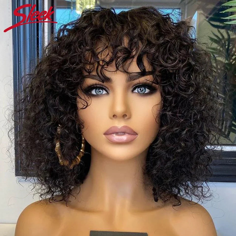 Short Pixie Bob Jerry Curly Human Hair Wig — Full Machine with Bangs, Highlight Colors