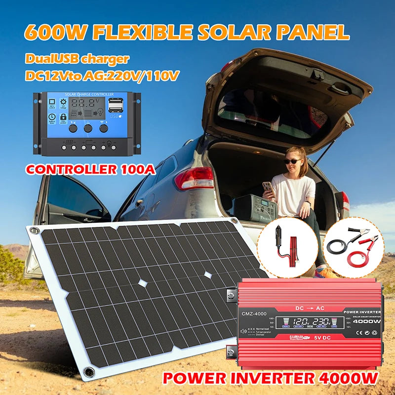 4000W Portable Solar Panel Kit – 110V/220V Inverter & 100A Controller for RV, Camping & Off-Grid