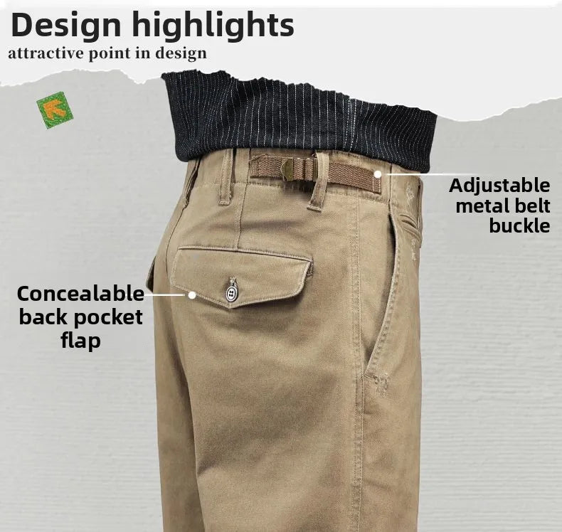 Men's Vintage Straight Leg Cotton Workwear Trousers — Loose Fit Retro Pants for Autumn & Winter