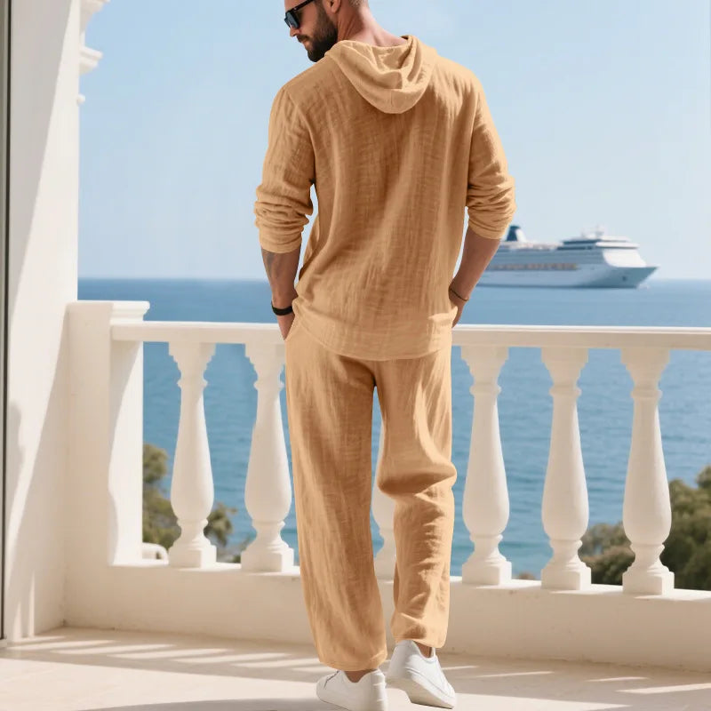 Men's Linen Casual Loose Hooded Henley Shirt & Long Pants Set – Relaxed Autumn 2-Piece Suit