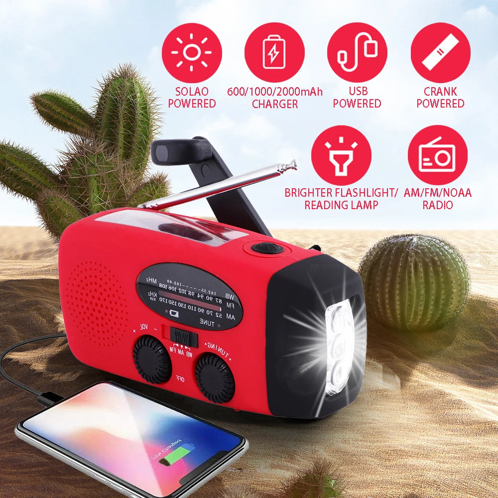 2000mAh Emergency Solar Radio — LED Light, FM/AM, USB Rechargeable Outdoor Survival Radio