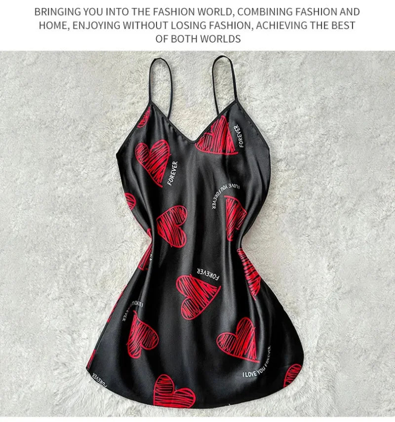 Red Lip Print Satin Slip Nightdress — V-Neck Backless Mini Sleep Dress