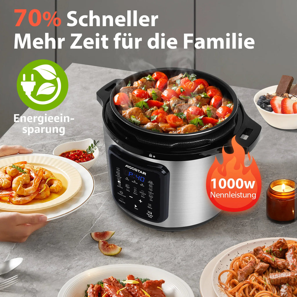 Aigostar 6L 18-in-1 Electric Pressure Cooker – Non-Stick, Keep Warm, Digital Touchscreen, 1000W
