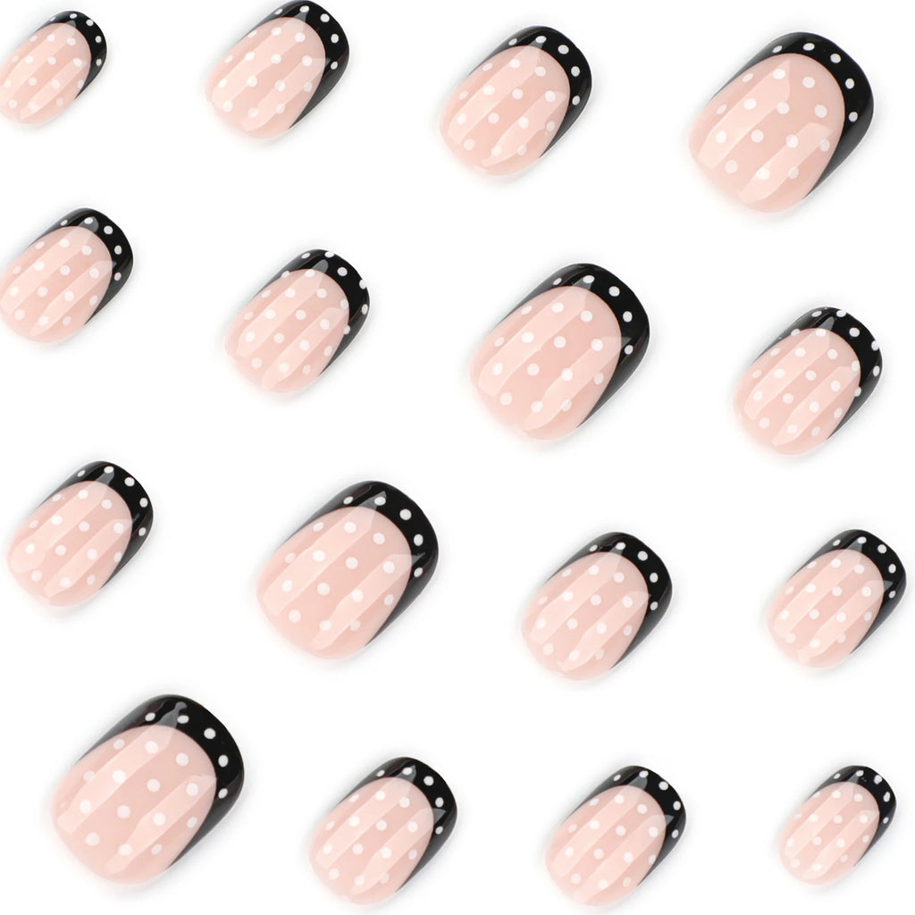 French Press-On Nails – 24-Piece Short Round False Nail Tips, Black & White Polka Dot & Nude Designs, 4 Styles