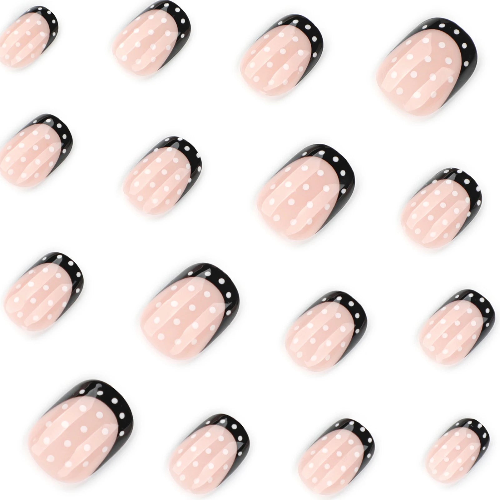 French Press-On Nails – 24-Piece Short Round False Nail Tips, Black & White Polka Dot & Nude Designs, 4 Styles