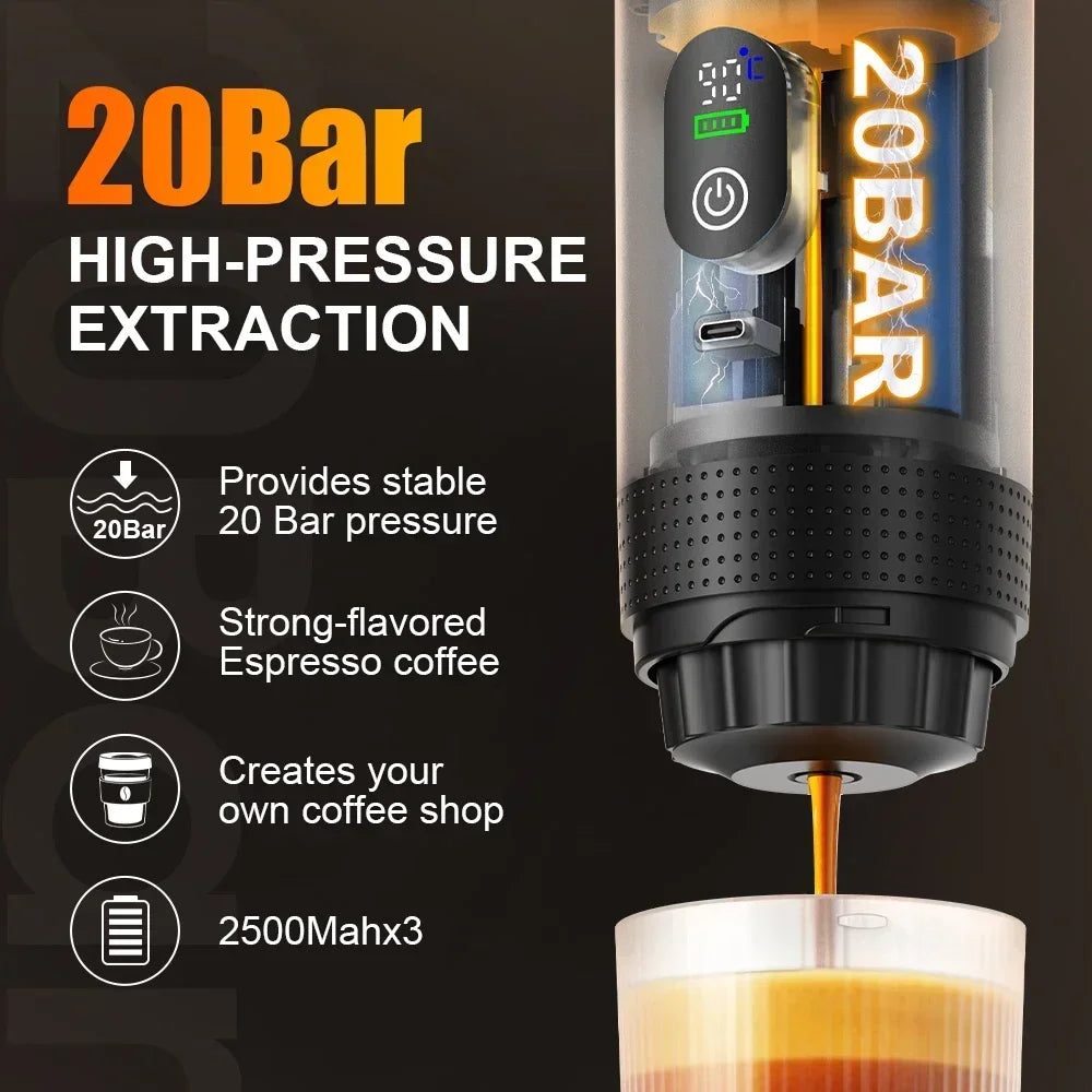 DENOKIN Portable Espresso Coffee Maker – 3-in-1 Capsule Machine with Digital Display for Car, Home & Camping