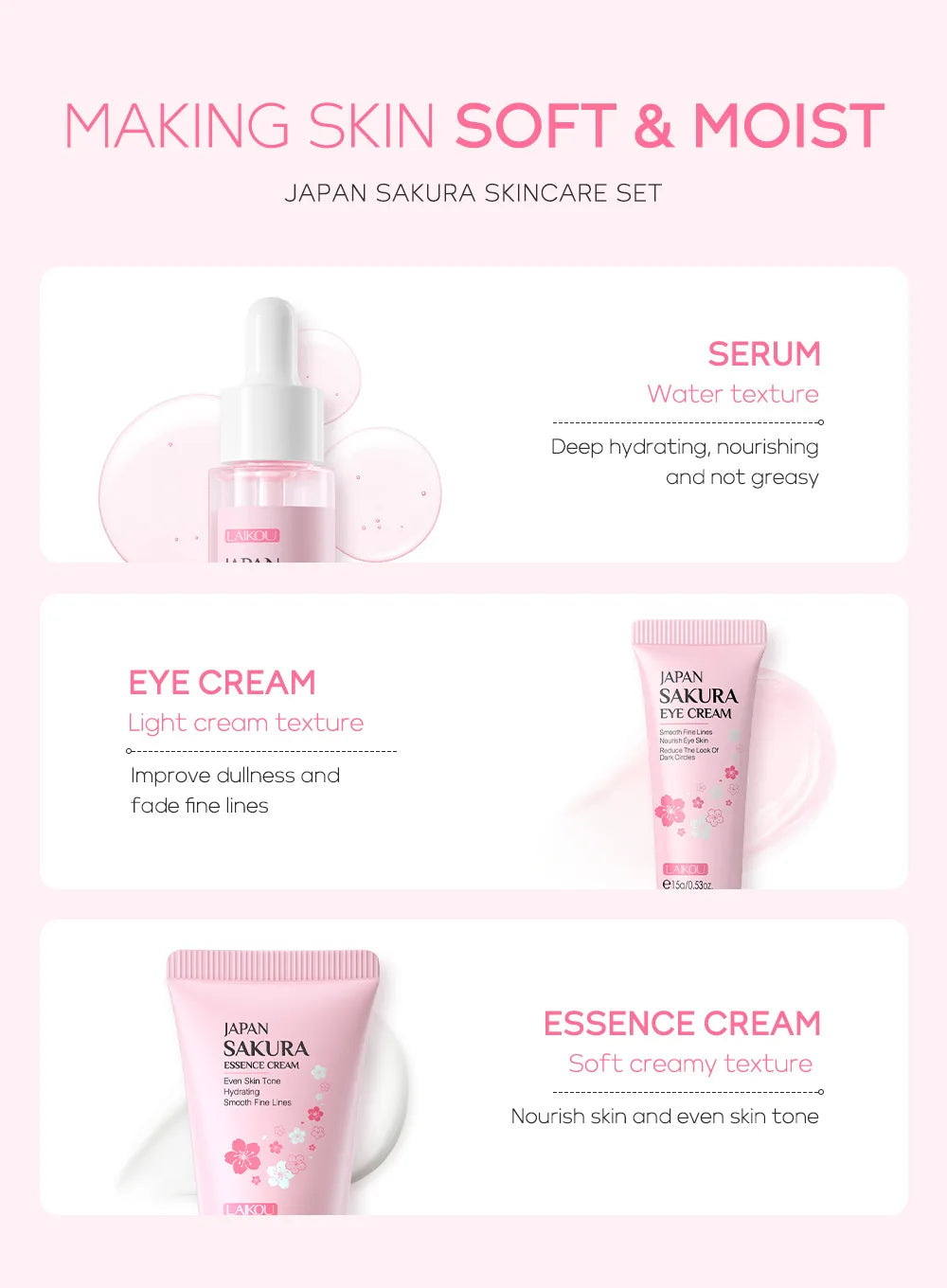 LAIKOU 3-Piece Skin Care Set – Face Cream, Serum & Eye Cream | Moisturizing Anti-Wrinkle Kit