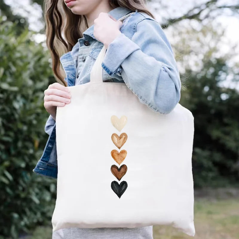 Large Capacity Canvas Shoulder Bag – Harajuku Watercolor Heart Print Shopper Tote