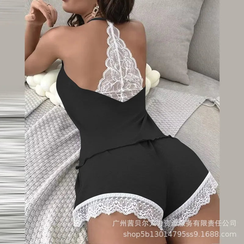 Solid Lace Backless Pajama Set — Sleeveless V-Neck 2-Piece Sleepwear