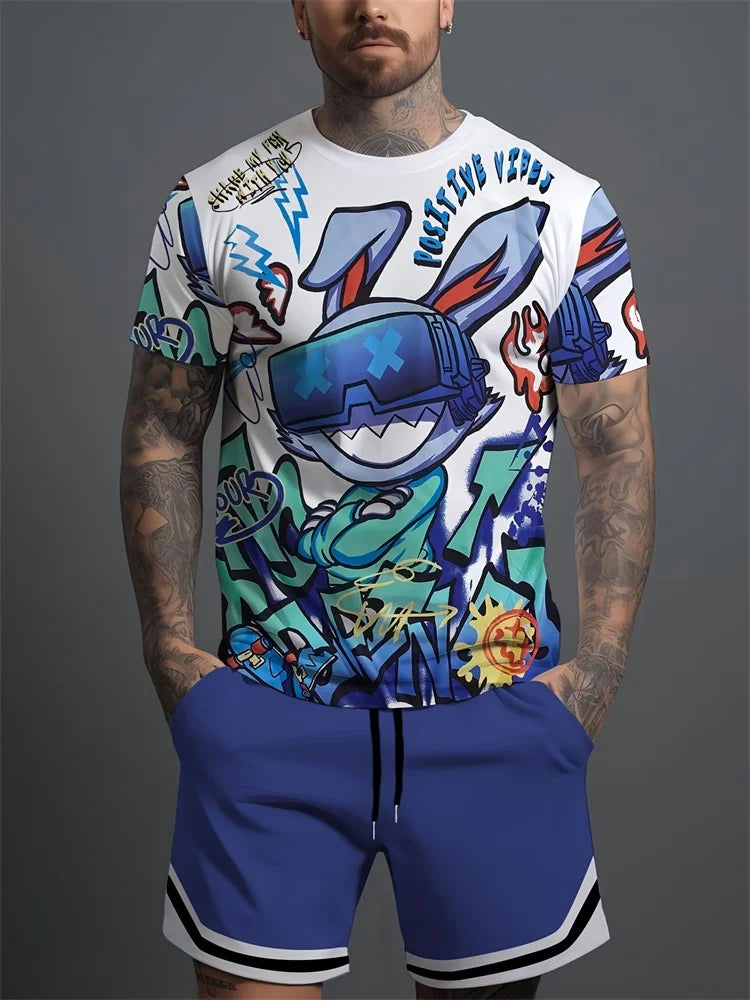 Men's Cartoon 3D Print Short Sleeve T-Shirt & Shorts Urban Street Set