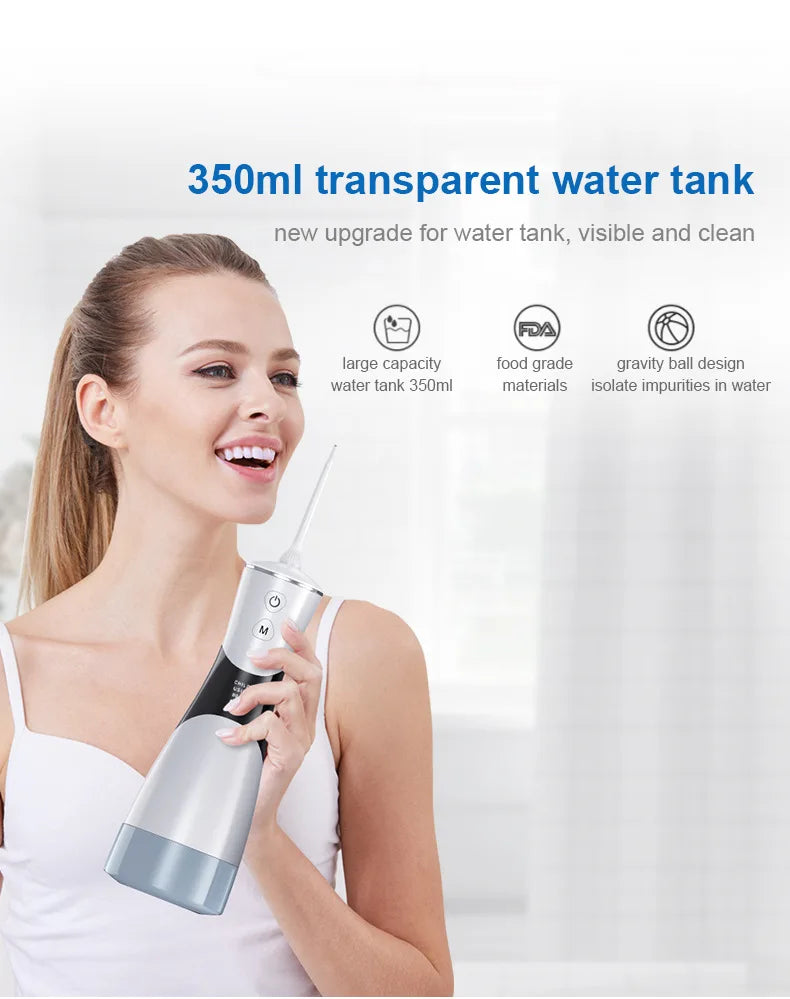 Portable Oral Irrigator – 350ml Tank, 5 Pressure Modes, IPX7, 1800mAh, 5 Nozzles, USB Rechargeable
