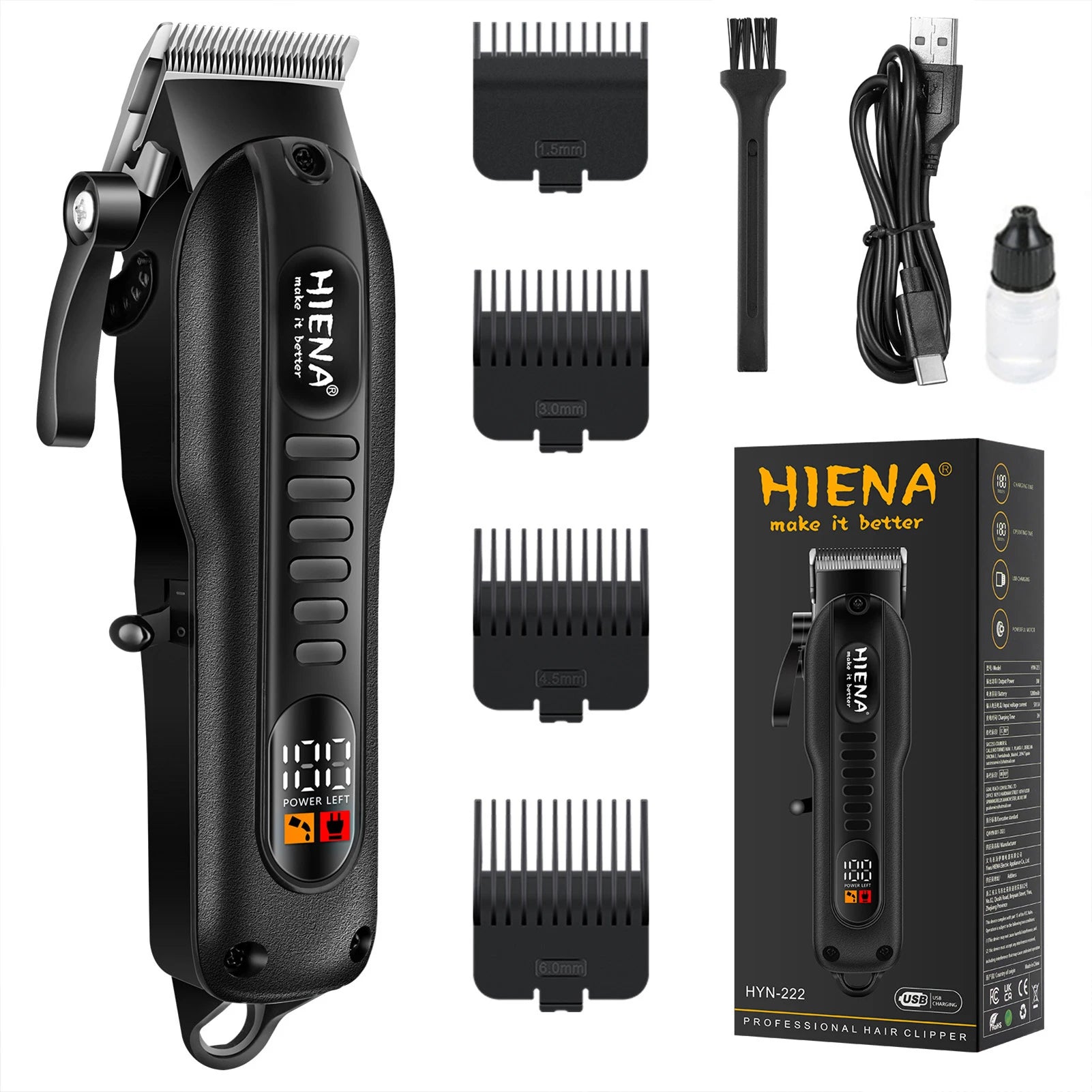 HYN-222 Professional Hair Clipper – Rechargeable, Stainless Steel Blade, 180-Min Battery, Washable Head