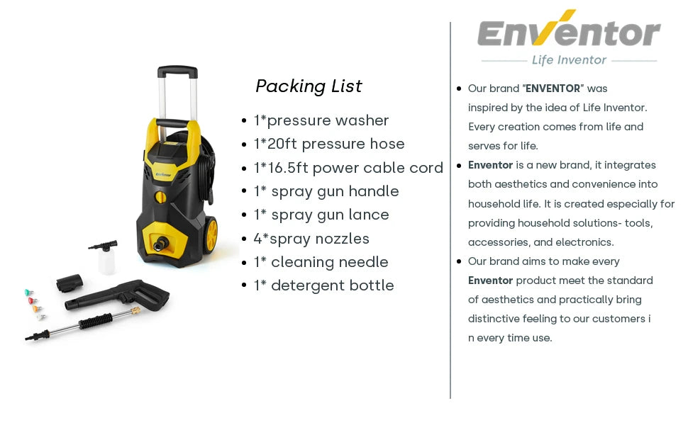 Electric Pressure Washer – Enventor 120V, Four Nozzles