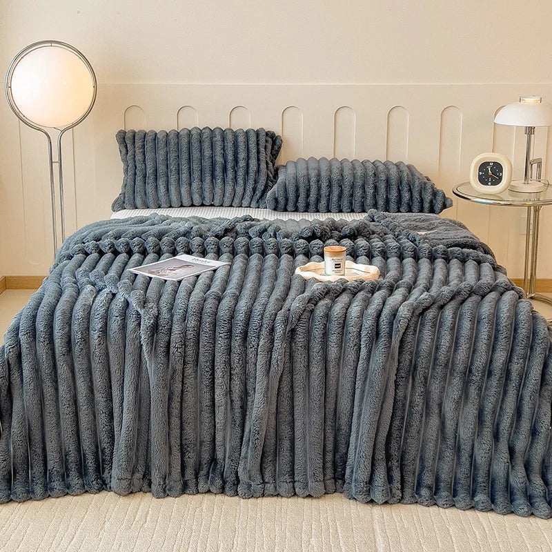 Striped Plush Blanket – Soft Faux Rabbit Fur Throw