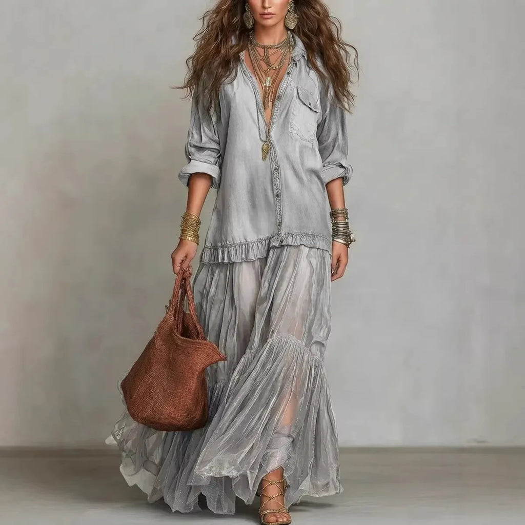 Denim Dress Women Dresses A Line Turn Down Collar Full Sleeve Ruffled Vintage Elegant Mesh Splice Work Causl Y2k Streetwear 2026