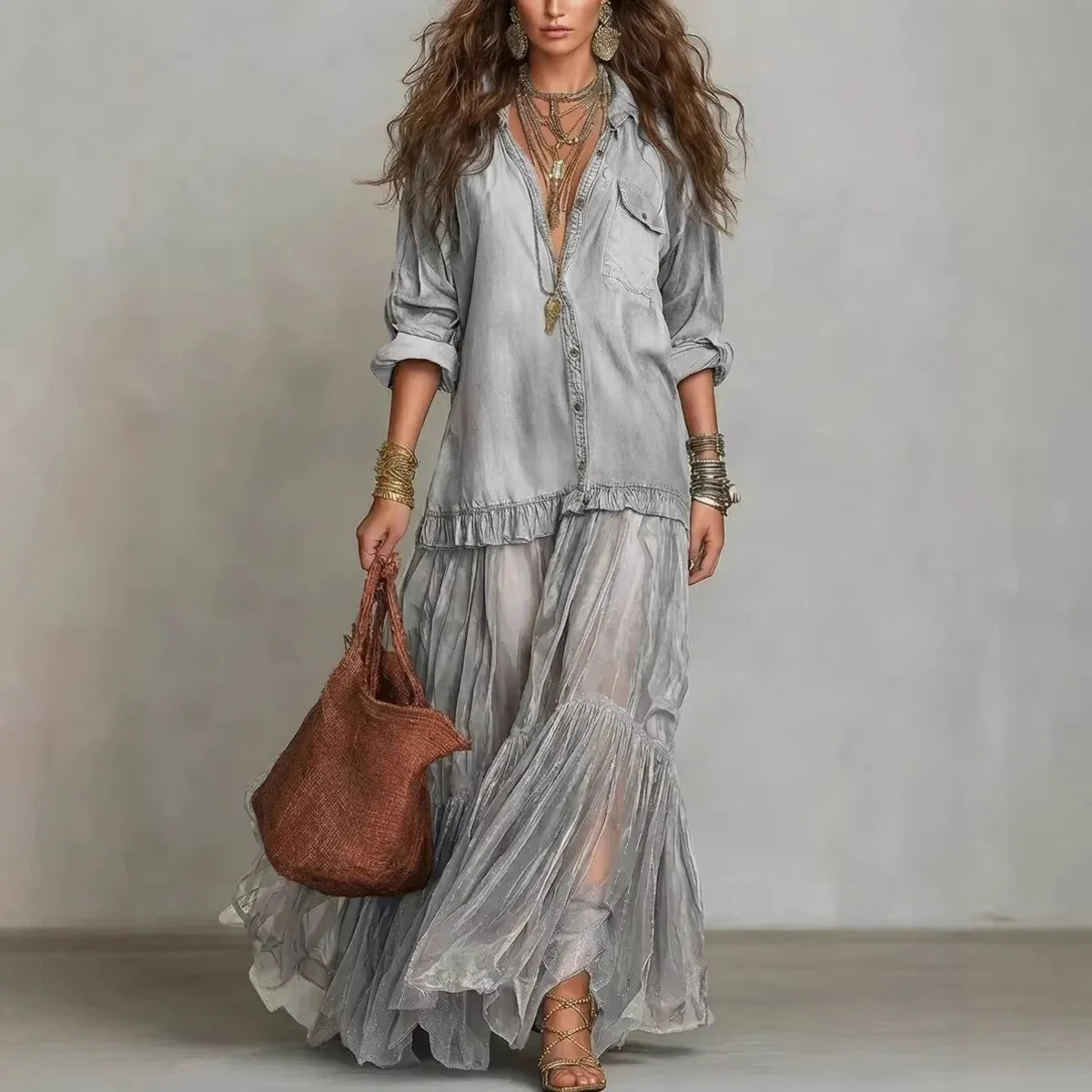 Denim Dress Women Dresses A Line Turn Down Collar Full Sleeve Ruffled Vintage Elegant Mesh Splice Work Causl Y2k Streetwear 2026