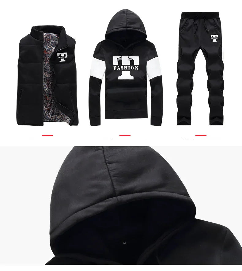 Men's 3-Piece Winter Tracksuit – Hoodie, Vest & Pants Thick Warm Set