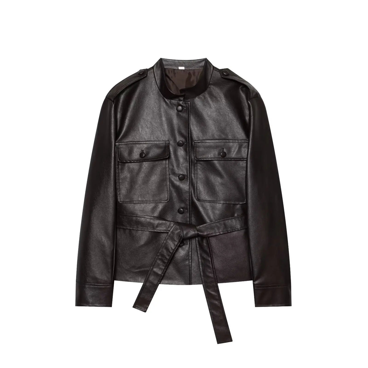 Women's Belted Jacket – Stand Collar Button Front