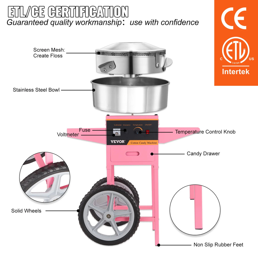 Commercial Cotton Candy Machine 1000W — Electric Floss Maker with Cart, Stainless Steel Bowl
