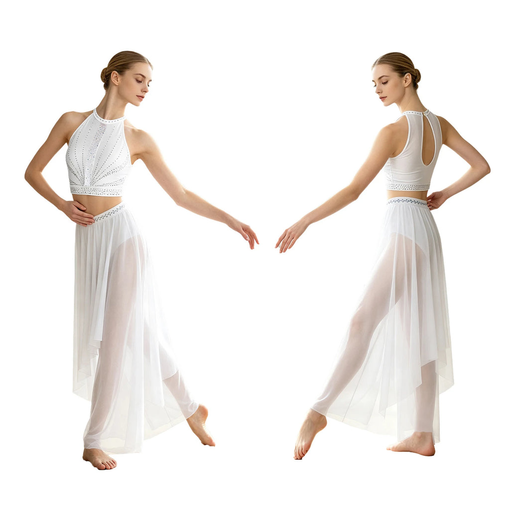 Women's Dance Performance Costume – Shiny Crop Top & Sheer Pants for Skating, Gymnastics & Ballet