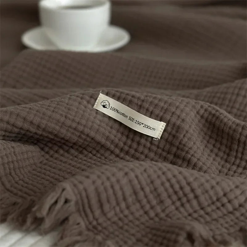 100% Cotton Tassel Blanket – Skin-Friendly Plaid Sofa Throw & Bed Shawl, Solid Color