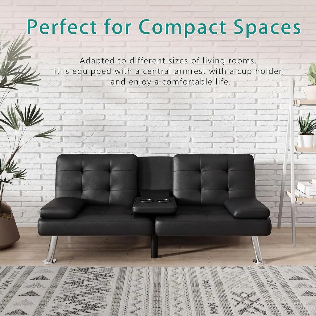 Black Futon Sofa Bed with Cup Holders & Adjustable Back