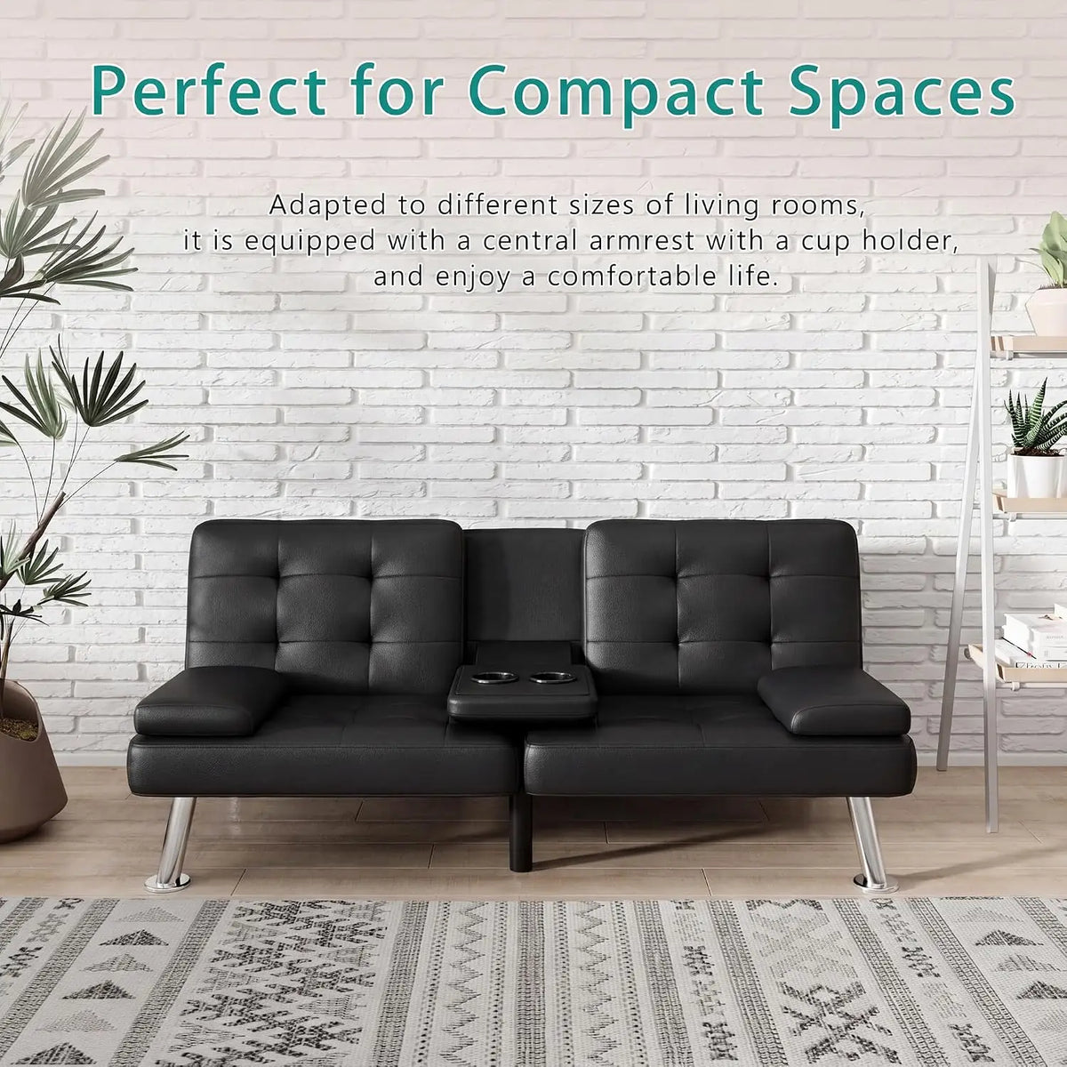 Black Futon Sofa Bed with Cup Holders & Adjustable Back