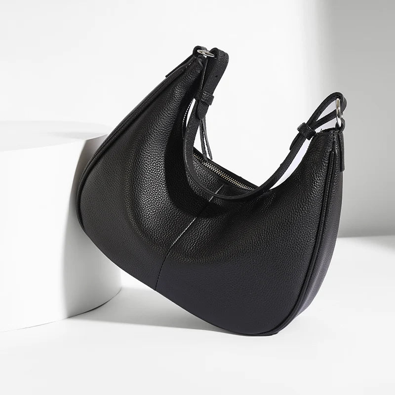 100% Genuine Cowhide Leather Half-Moon Underarm Tote Bag – Crossbody Shoulder Bag for Women