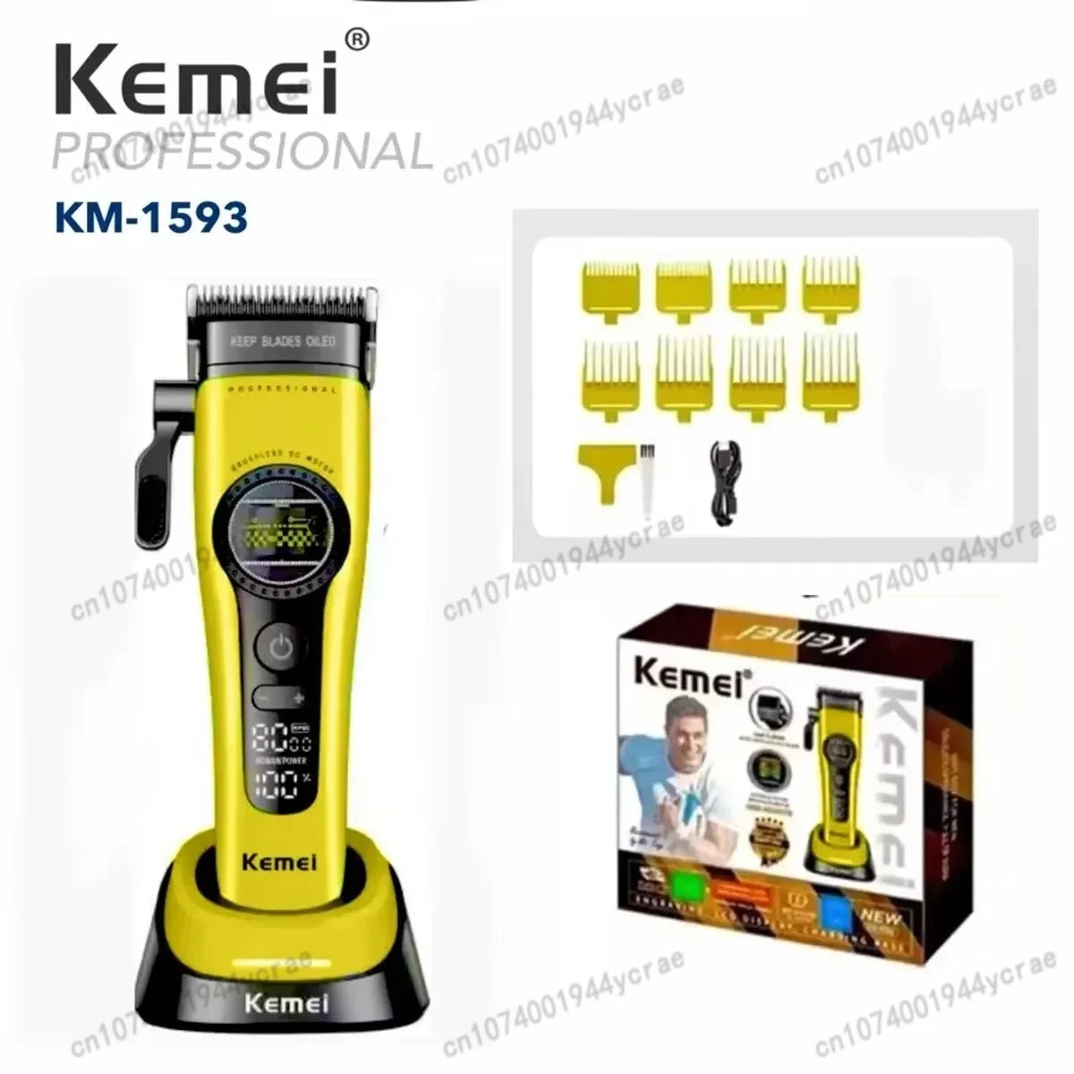 Kemei KM-1593 / KM-1595 Brushless Hair Clipper – DLC Blade, 8000 RPM, 200-Min Runtime, USB-C