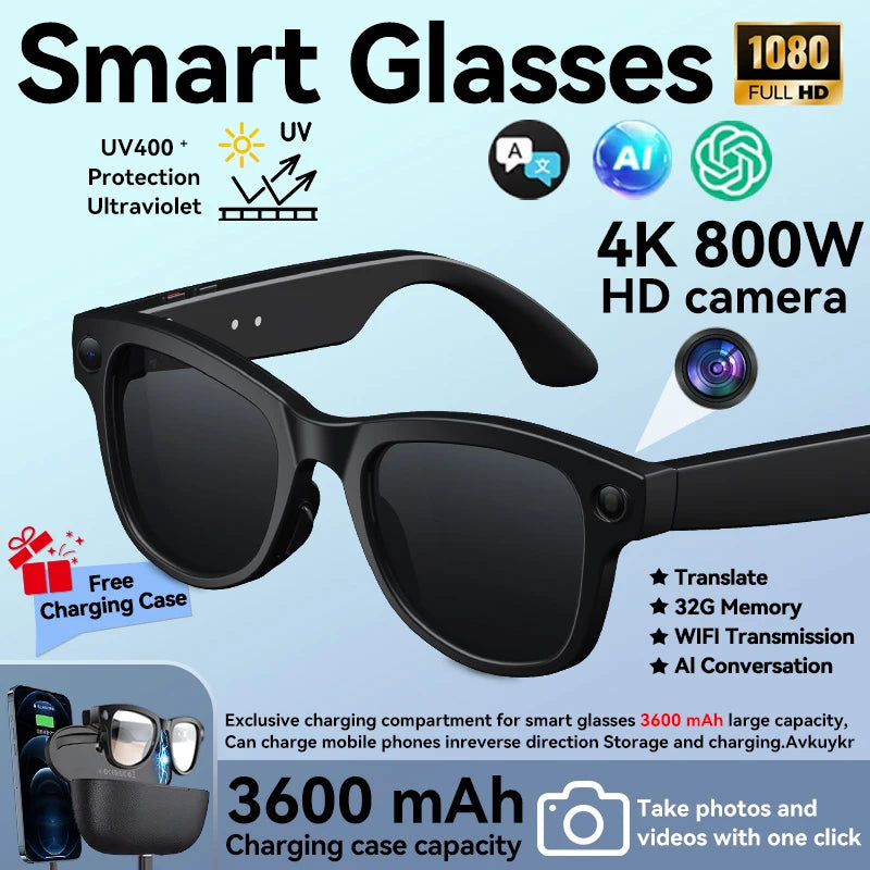 Smart Glasses with 3600mAh Power Bank — Bluetooth Audio & Built-In Battery