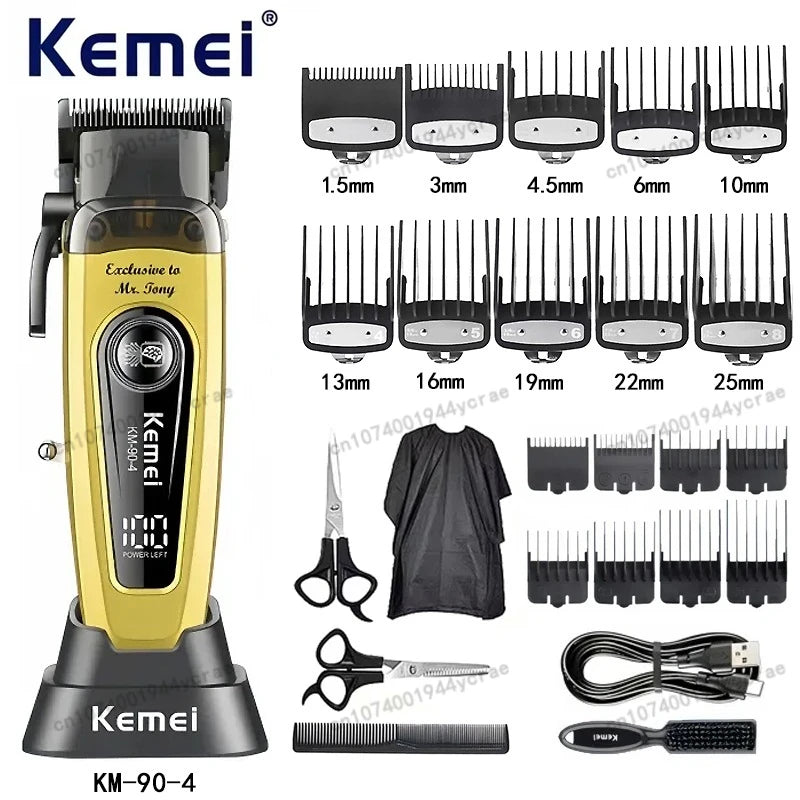 Kemei KM-90 Professional Hair Clipper Set – DLC Blade, Brushless Motor, 11,500 RPM, Cordless Barber Kit