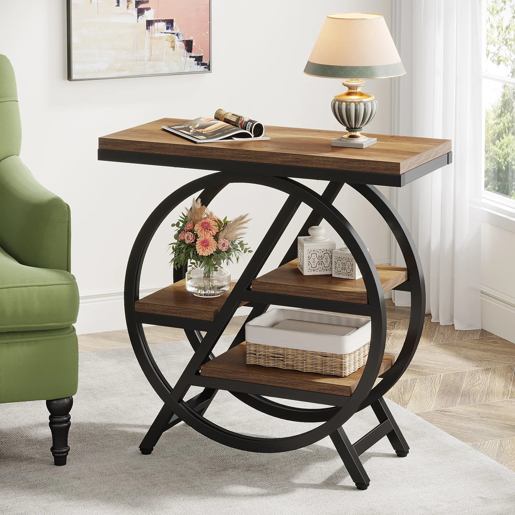 Tribesigns 3-Tier Narrow Side Table — Wood & Geometric Metal Frame