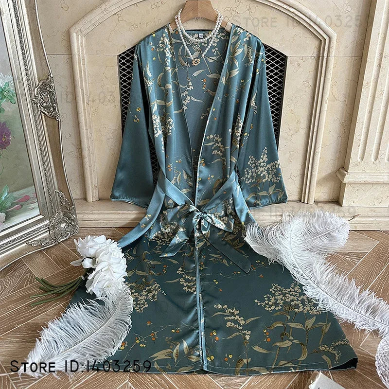 3-Piece Floral Kimono Robe & Pajama Set — Satin Loungewear