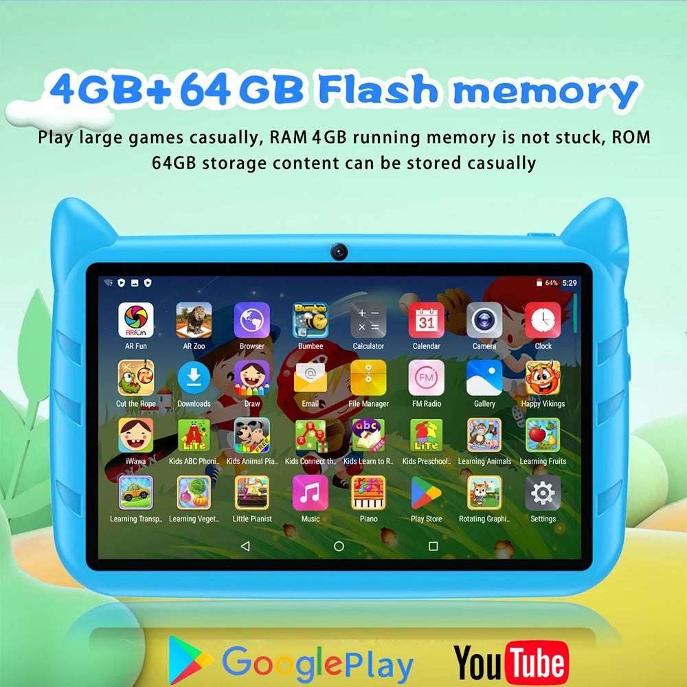 BDF 7" Kids Tablet – 4GB RAM, 64GB, Android 13, 5G Wi-Fi, Dual Camera