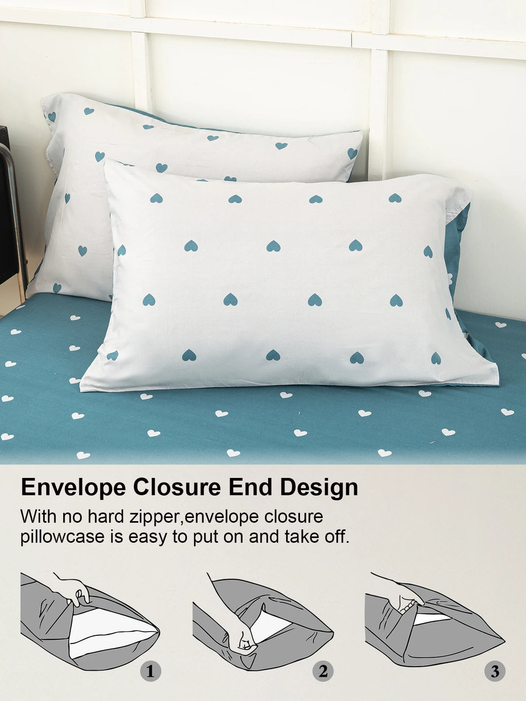 Heart Print Duvet Cover Set – Soft 3-Piece Bedding with 2 Pillowcases, 3 Colors & 11 Sizes
