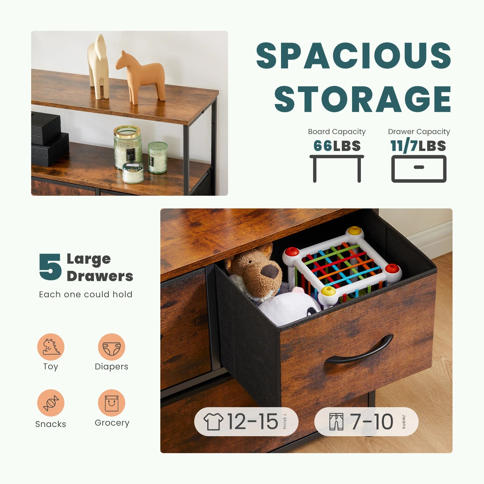 Fireplace TV Stand Dresser with 5 Fabric Drawers — Bedroom Storage Cabinet for 45" TVs