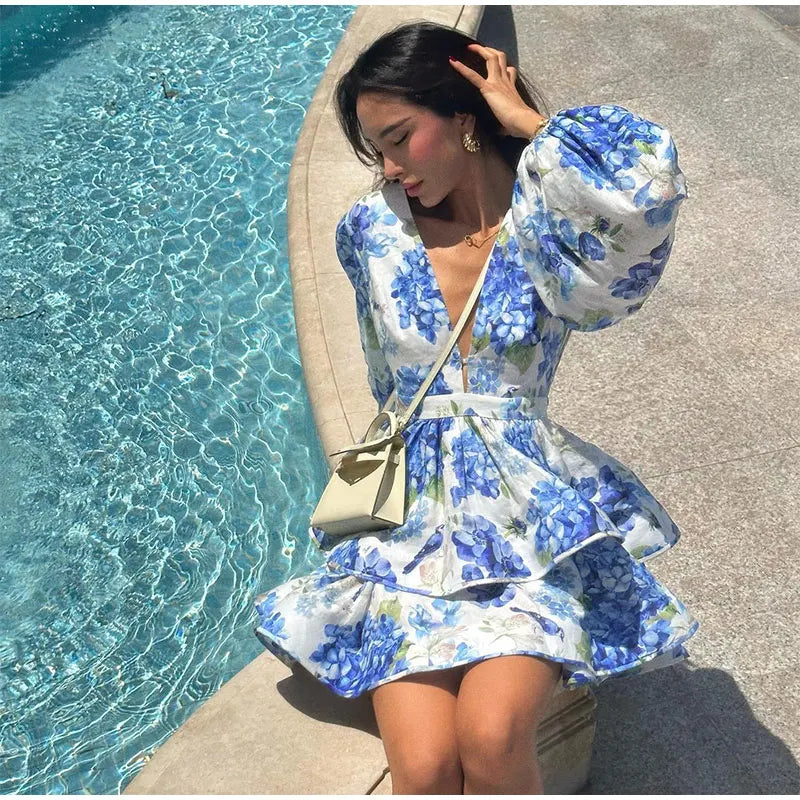 Tie-Dye 3D Flower Mini Dress — Deep V-Neck Flare Sleeve Holiday Dress