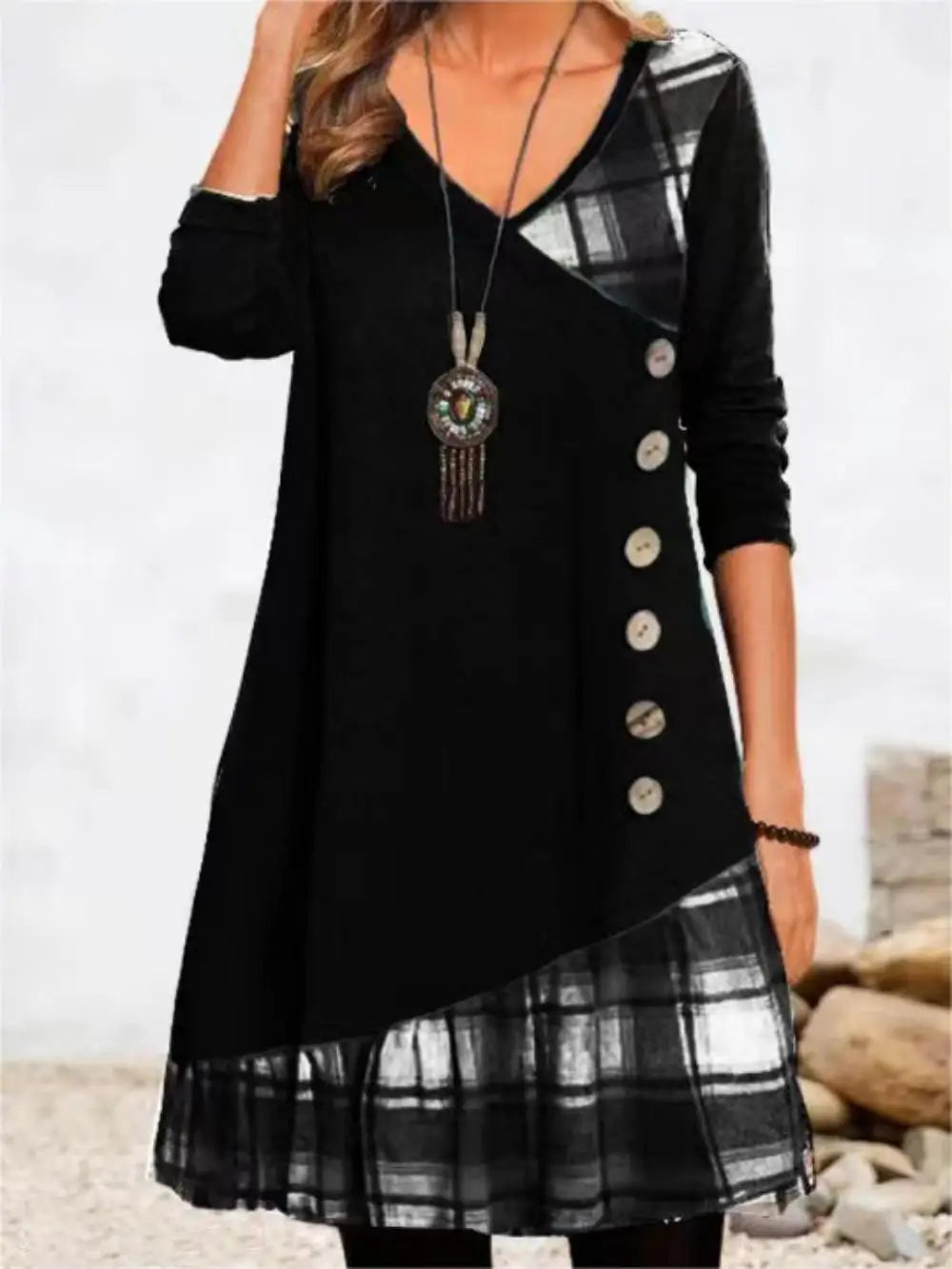 Long Sleeve V-Neck Loose Party Dress — Elegant Button Casual Autumn Winter Dress