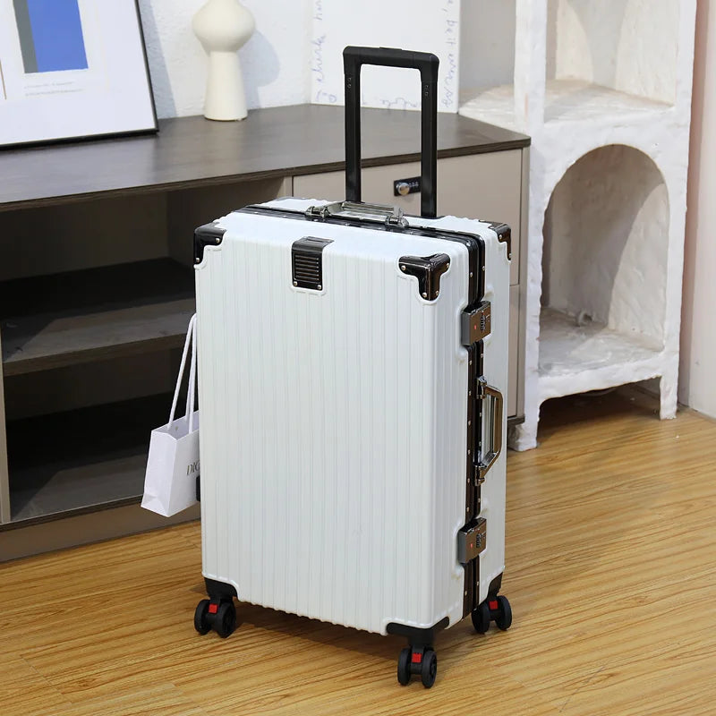 Aluminum Frame Leather Trolley Case — 20"/24"/26"/28" Universal Wheels