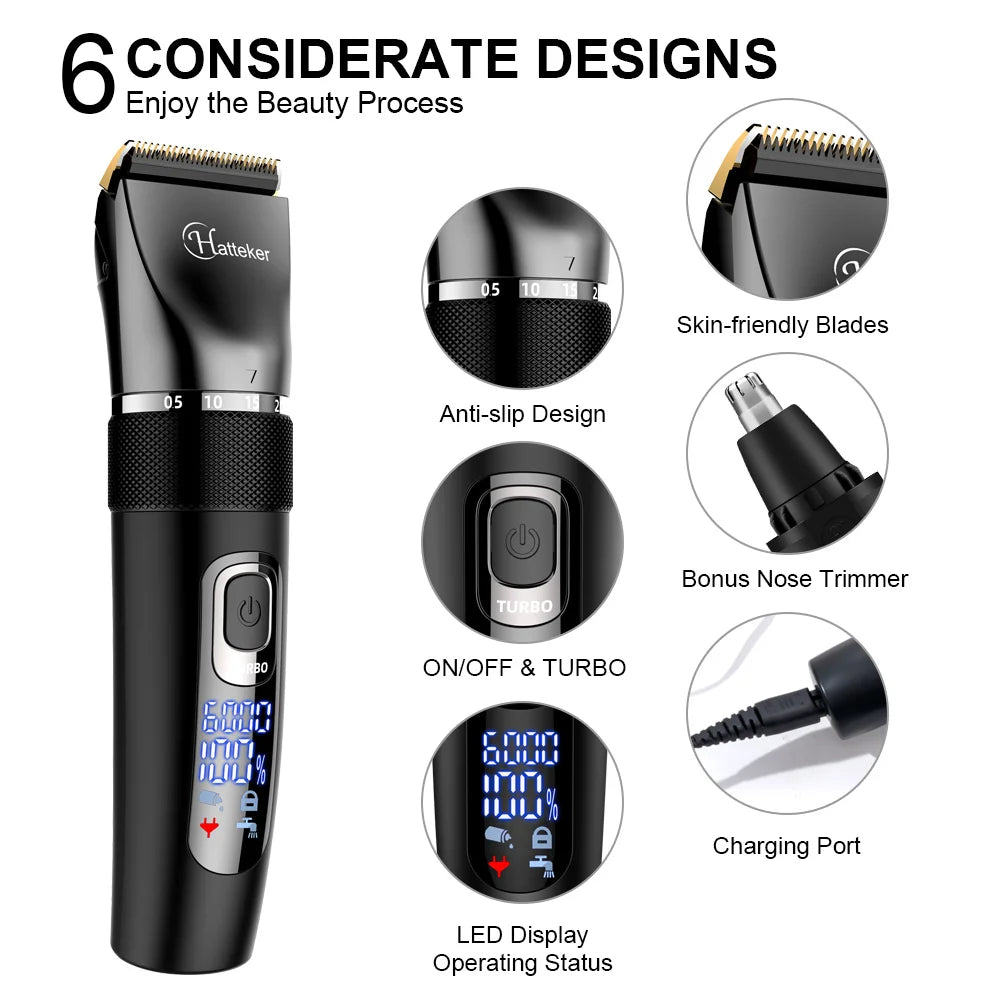HATTEKER Multifunction Hair Clipper & Nose Trimmer – Waterproof, 120-Min Runtime, USB Fast Charge
